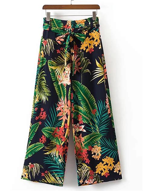 Tropical Print Tie Waist Wide Leg Pants Shein Sheinside