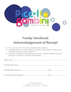 Handbook Acknowledgement Of Receipt Piccoli Bambini Preschool