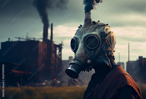 Gas Mask On A Man S Face Near Industrial Plant With Smoke From Chimneys