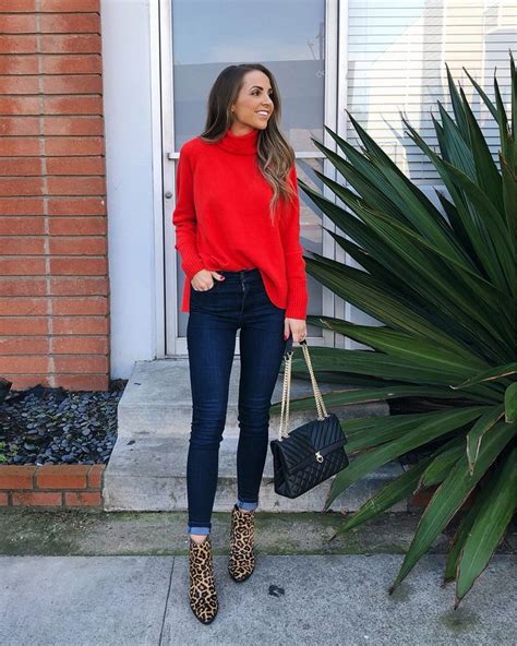 Red Turtleneck And Leopard Ankle Boots Jean Outfits