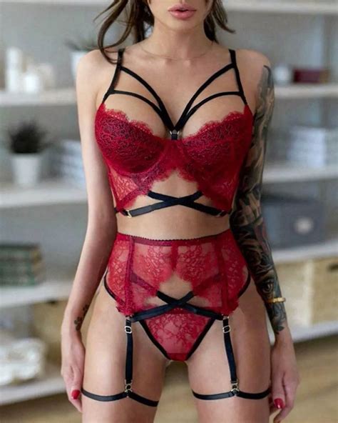 Sexy Biancheria Intima Pizzo Rosso Completo Perizoma Reggiseno