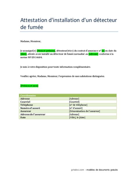 Attestation d installation d un détecteur de fumée DOC PDF page 1