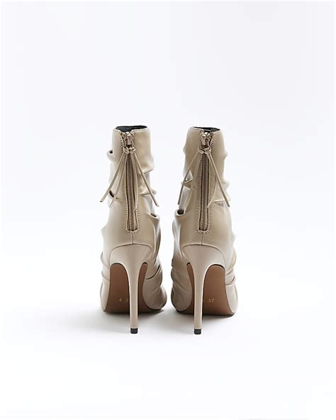 Beige Ruched Heeled Ankle Boots River Island