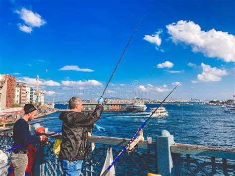 October 27 2019 Istanbul Turkey Fisherman Fishing On The Galata