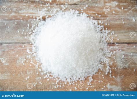 Close Up Of White Salt Heap On Wooden Table Stock Photo Image Of Bath