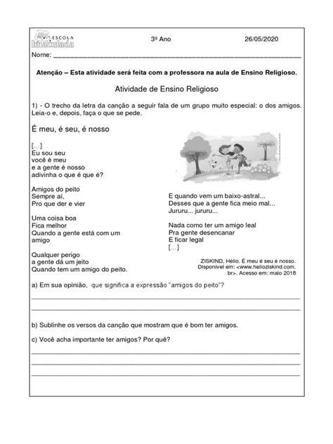 Atividade Ensino Religioso 3 Ano Bncc - Atividade de Ensino Religioso 3º Ano 26 05 | PDF