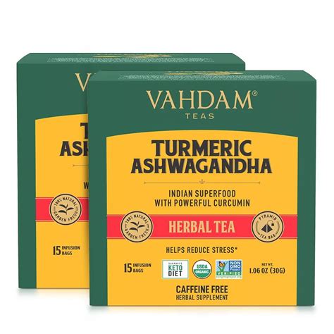 Vahdam Organic Turmeric Ashwagandha Herbal Tea 30 Tea Bags Usda Certified Superfood For