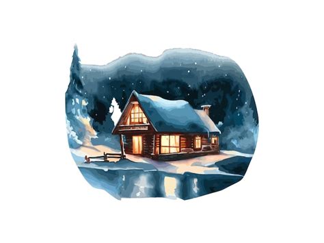 Aquarellillustration einer Hütte im Wald mit Schnee Vektor Clipart Bild