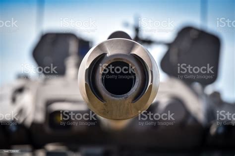 Detail Shot With The Muzzle Brake Of A Modern Tank Blurry Background