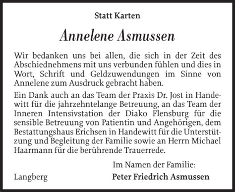 Traueranzeigen Von Annelene Asmussen Sh Z Trauer