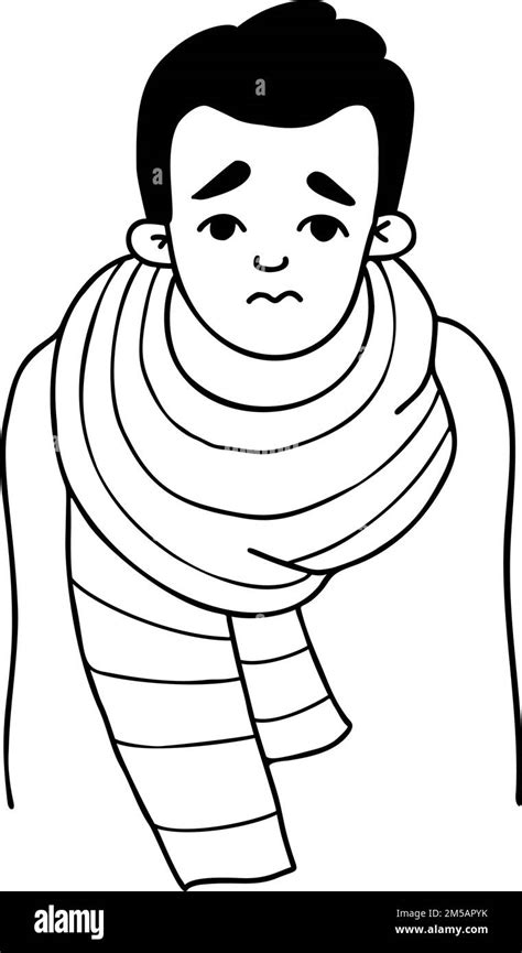 Frozen Sad Sick Guy Wrapped In Scarf Vector Outline Illustration In