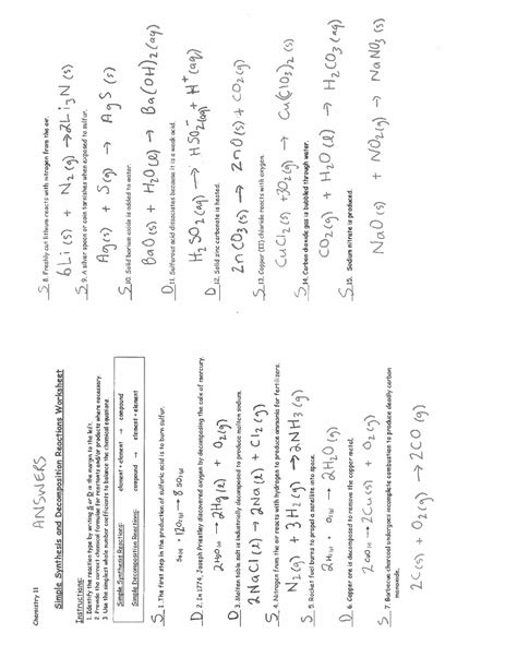 Synthesis And Decomposition Reactions Worksheet Key Exercises