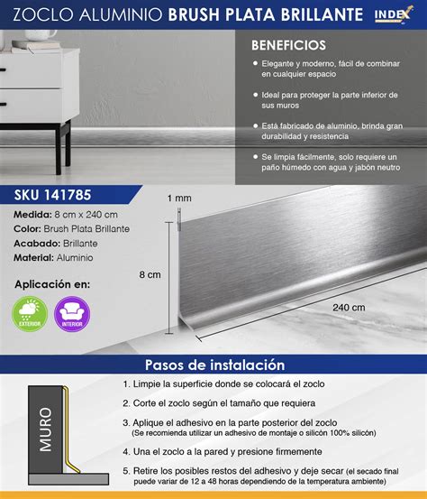 ZOCLO ALUMINIO BRUSH PLATA BRILLANTE 8 X 240 CM The Home Depot México