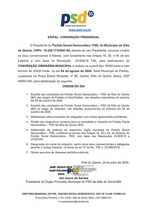 Edital de Convocação para Convenção Municipal de Sítio do Quinto