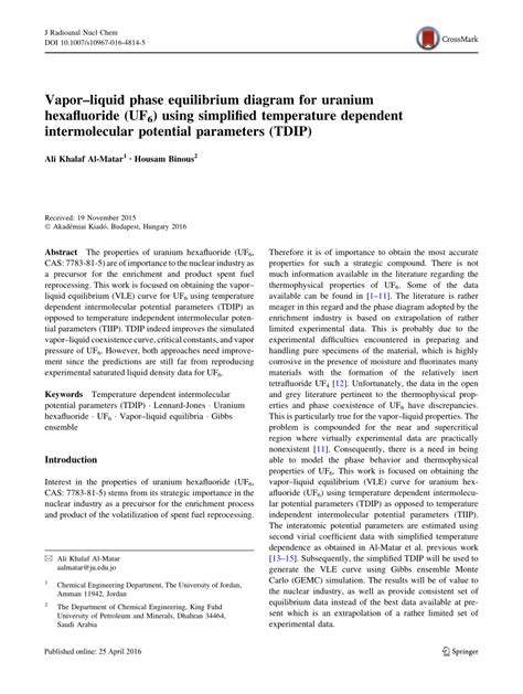 Pdf Vaporliquid Phase Equilibrium Diagram For Uranium Hexafluoride