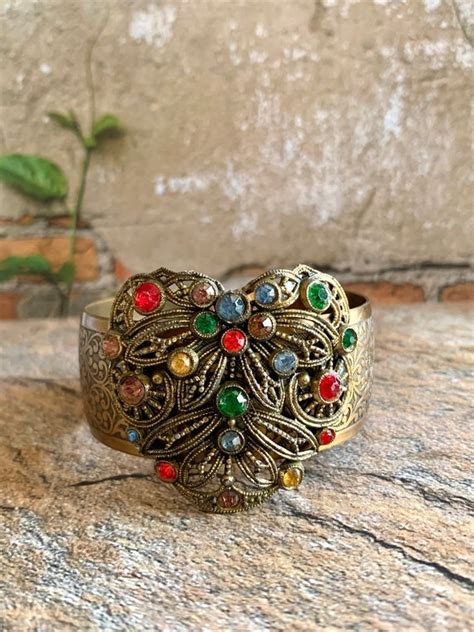 Vintage Filigree Brass Cuff With Glass Opal Cabochons Gem