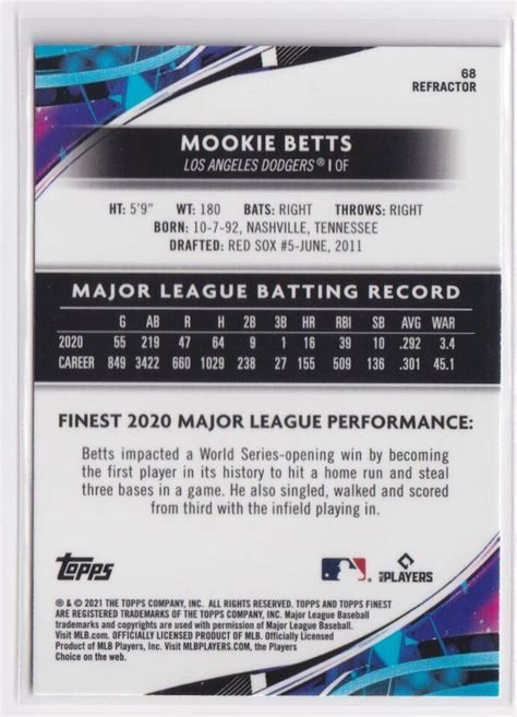 2021 Topps Finest Mookie Betts 68 Refractor Los Angeles Dodgers EBay