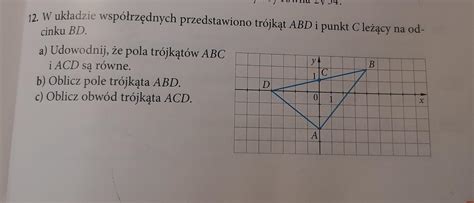 W układzie współrzędnych przedstawiono trójkąt ABD i punkt C leżący na