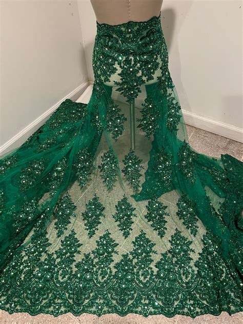 Kelly Green Heavy Beaded Sequins Rhinestones Embroidery Bridal Lace