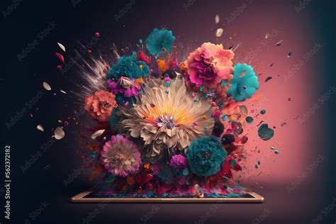 a tablet with a bunch of flowers on it and a splash of paint on the ...