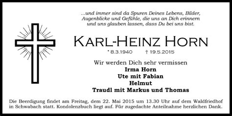 Traueranzeigen Von Karl Heinz Horn Trauer Nn De