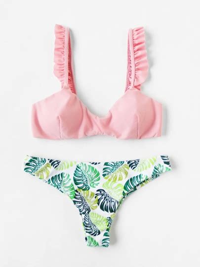 Frill Trim Palm Print Bikini Set SheIn Sheinside