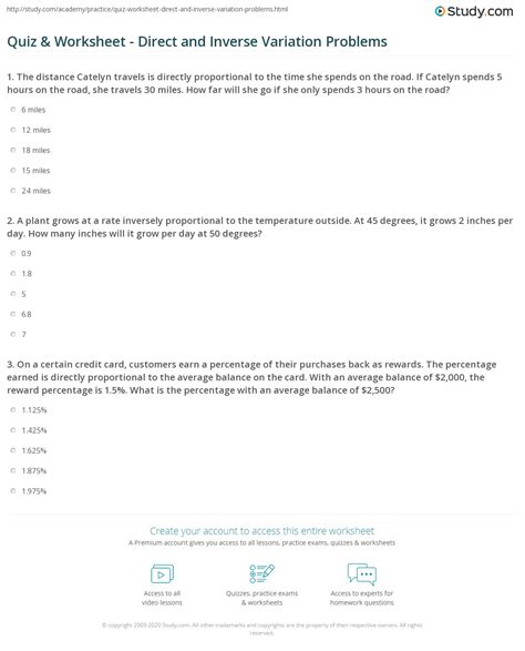 Quiz Worksheet Direct And Inverse Variation Problems Study