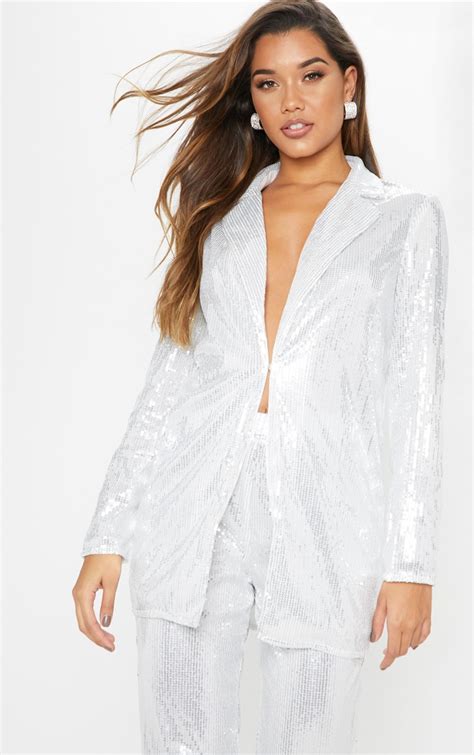 Premium Silver Sequin Longline Blazer Prettylittlething Ca