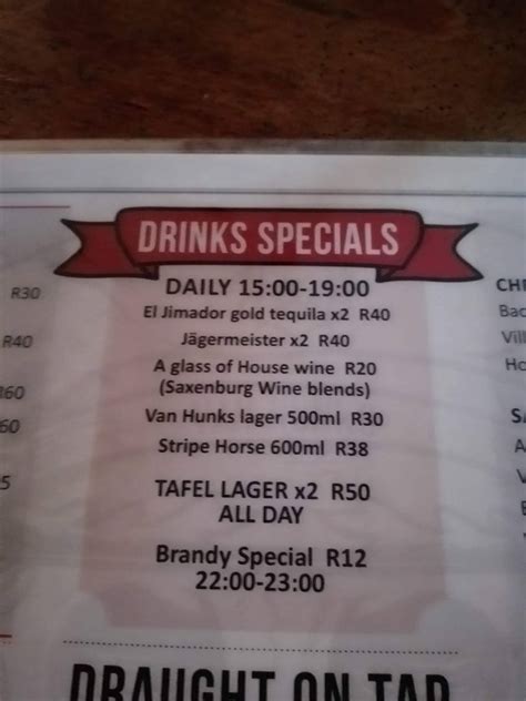 Menu at Van Hunks pub & bar, Cape Town