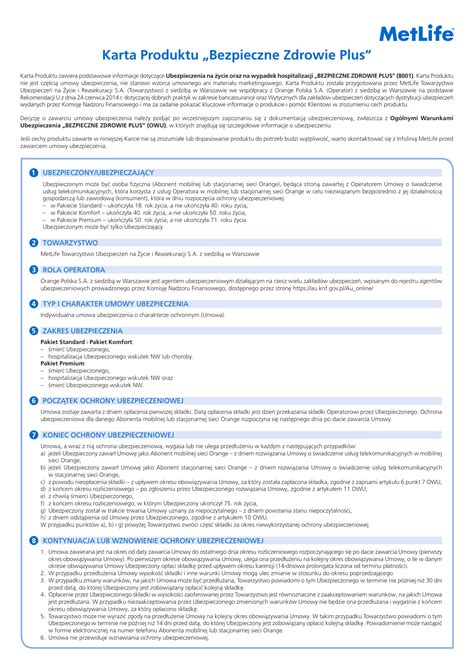 Karta Produktu Ubezpieczenia na życie oraz na wypadek