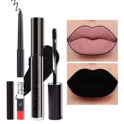 Evpct 2pcs Black Matte Liquid Lipstick And Lip Liner Gloss Stain Pencil Makeup Set