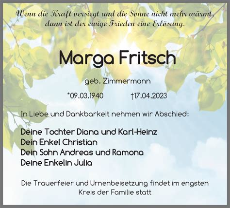 Traueranzeigen Von Marga Fritsch Trauer Anzeigen De