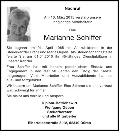 Traueranzeigen Von Marianne Schiffer Aachen Gedenkt