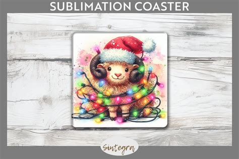 Christmas Ram V1 Entangled In Lights Square Coaster PNG