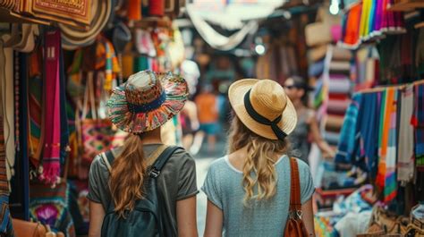 Premium Photo Two Travelers Exploring A Vibrant Street Market Filled