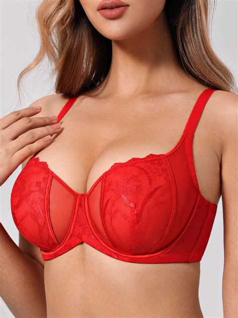 Deyllo Womens Sexy Lace Bra Demi Sheer Mesh Balconette Embroidered Underwire Unlined See Though