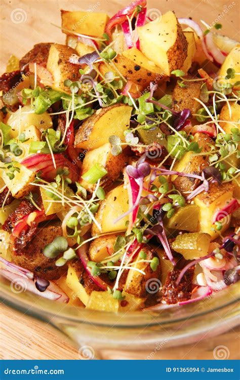 Speciale Salade Met Aardappels Ui En Jonge Koolspruiten Stock Foto