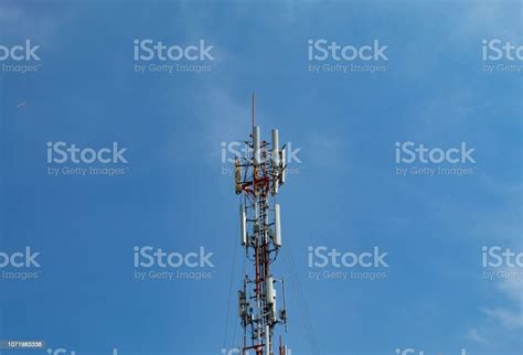 Wave Transmission Mast Large Phone Signal With A Bright Blue Sky Stock