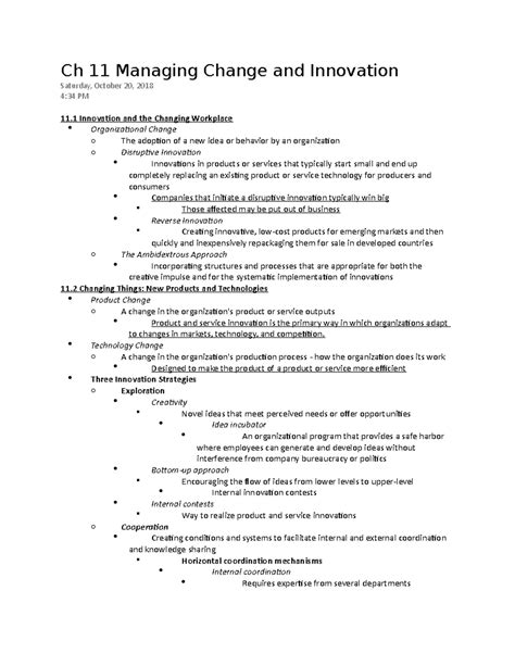 MGT 330 Exam 3 Lectures Lecture Notes 3 Ch 11 Managing Change And