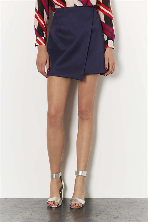 Lyst Topshop Navy Lux Satin Wrap Skirt In Blue