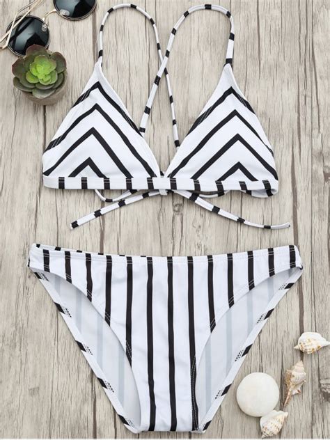 Off Chevron Stripe Padded Strappy Bikini Set In White And