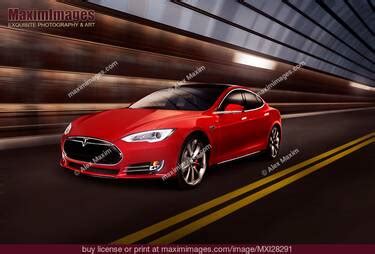 Red Tesla Model S Red Luxury Electric Car Speeding In A Tunnel Stock