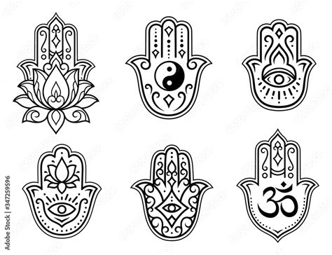 Obraz Zestaw ręcznie rysowane symbol Hamsa kwiat lotosu sigile Yin