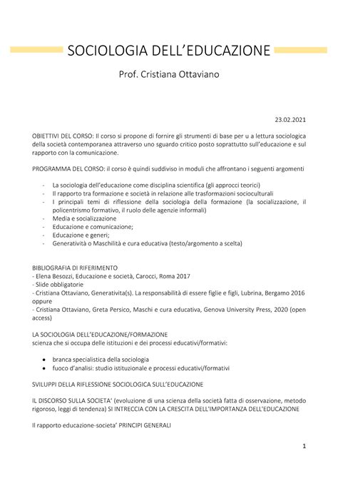 Sociologia Appunti Lezione Sociologia Delleducazione Prof