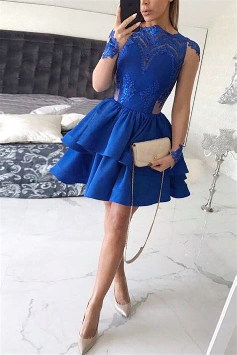 Tiered Long Sleeves Royal Blue Satin Homecoming Dress Mini Prom Dress