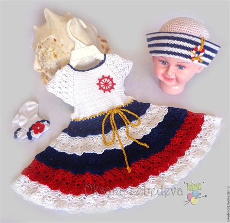 Комплект Платье шляпка летнее для девочки Морячка крючком белый синий в ...
