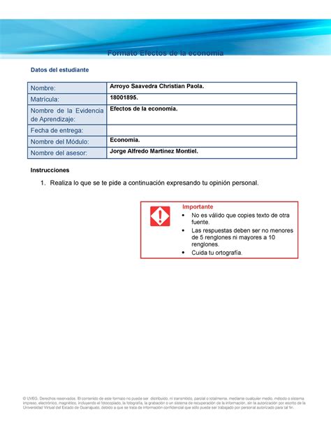 Ea Formato Para Evidencia Formato Efectos De La Econom A Datos Del