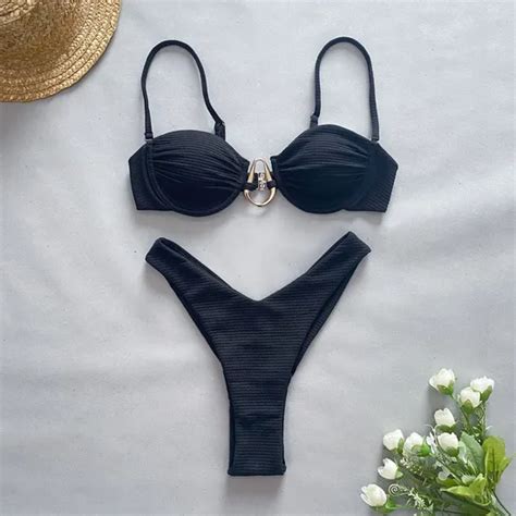 Solid Color High Rise Bikini With Metal Accessories Tight And High Elastic Swimsuit With