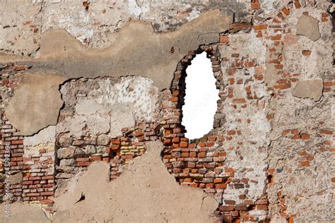 Brick Wall With A Hole Texture Of Old Broken Rough Brickwork With