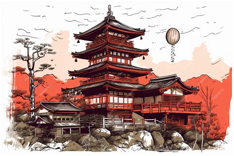 Premium Photo | A drawing of a japanese temple in a landscape